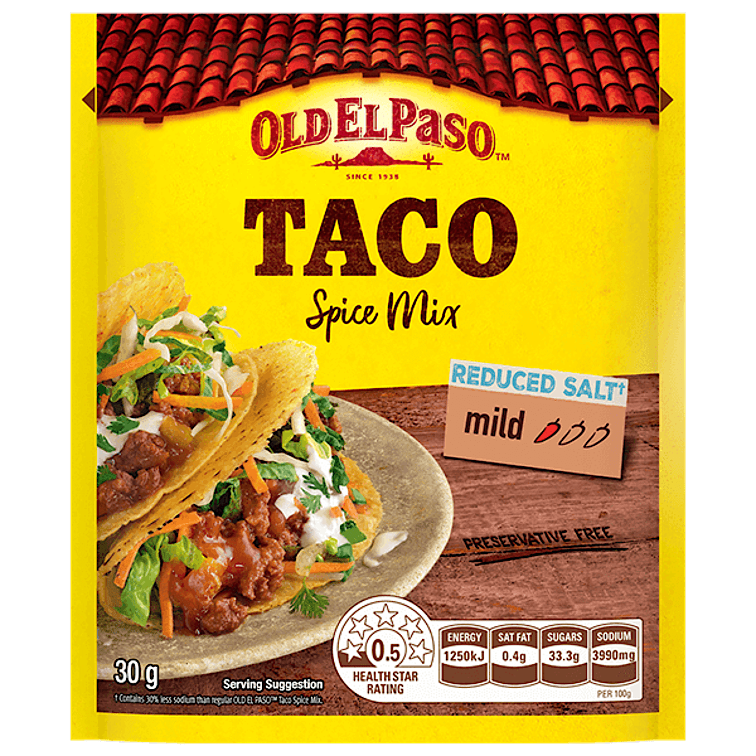a pack of Old El Paso's reduced salt taco spice mix mild (30g)